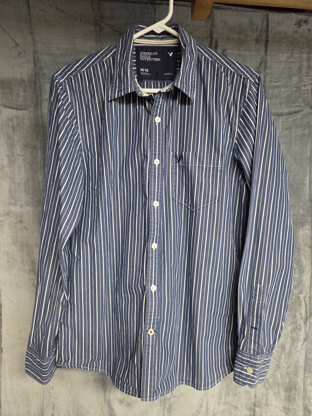 American Eagle Outfitters Navy and White Striped Button-Down Shirt